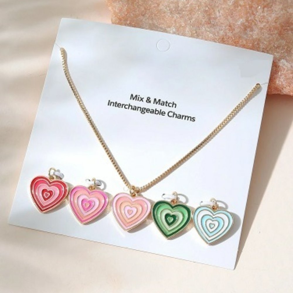 Gold Colored Necklace & 5 Heart Pendants